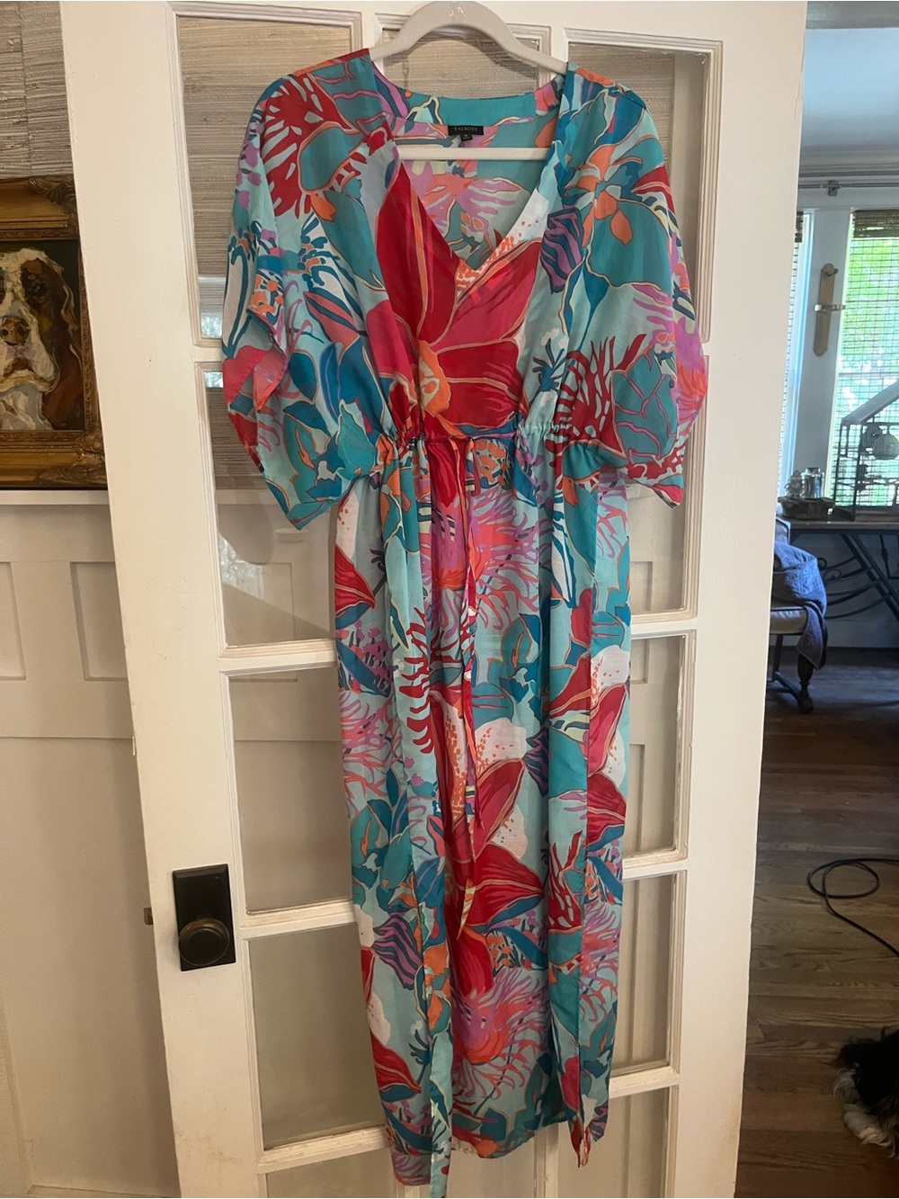 Talbots Turquoise Floral Swim Coverup with Pink and Red Blooms